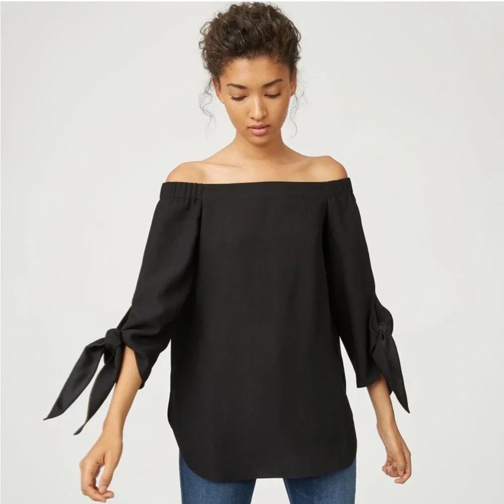 Club Monaco Black Sophiya Off the Shoulder Tie Cuff Blouse Crepe Top Sz 2